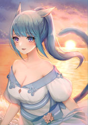Rule 34 | 1girl, animal ears, warrior of light (ff14), blue hair, breasts, cat ears, cat girl, cat tail, cleavage, dress, facial mark, final fantasy, final fantasy xiv, highres, long hair, looking at viewer, medium breasts, miqo&#039;te, mochimochi dando, ocean, off-shoulder dress, off shoulder, ponytail, purple eyes, smile, sunset, tail, whisker markings, white dress