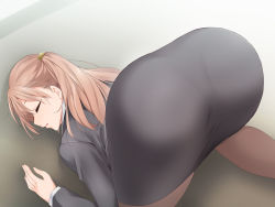 Rule 34 | 1girl, ass, blush, closed eyes, drugged, female focus, floor, formal, from behind, grey skirt, grey suit, highres, indoors, kaiga, legs, legs apart, light blush, light brown hair, medium hair, nose blush, office lady, one side up, original, pantyhose, parted lips, skirt, sleeping, solo, suit, thighs, top-down bottom-up