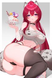 Rule 34 | 1girl, :q, absurdres, ahoge, animal ear fluff, arm support, ass, bare shoulders, black bra, black collar, black pantyhose, black thighhighs, bra, breasts, cake, camel, cleavage, collar, collarbone, crop top, elora (vtuber), feet out of frame, food, gradient background, grey background, hair between eyes, high ponytail, highleg, highleg panties, highres, indie virtual youtuber, large breasts, long hair, looking at viewer, lying, navel, off-shoulder shirt, off shoulder, on side, panties, pantyhose, purple eyes, red hair, red nails, sakotach, shirt, single thighhigh, snow leopard ears, snow leopard girl, snow leopard tail, solo, thighhighs, tongue, tongue out, torn clothes, torn shirt, torn thighhighs, underwear, very long hair, virtual youtuber, white shirt