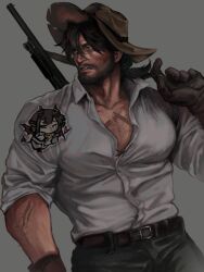 Rule 34 | 1boy, bara, beard, belt, black gloves, black hair, brown headwear, chibi, chibi inset, collared shirt, cowboy shot, degrees of lewdity, eden (degrees of lewdity), facial hair, full beard, gloves, grey background, gun, gun on back, highres, large pectorals, looking to the side, luanhi3, male focus, mature male, medium hair, muscular, muscular male, parted lips, pectoral cleavage, pectorals, ponytail, red eyes, scar, scar on arm, scar on chest, shirt, simple background, sleeves rolled up, solo, sparse arm hair, sparse chest hair, thick eyebrows, weapon, weapon on back, white shirt