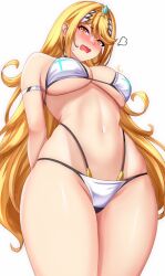 Rule 34 | 1girl, anisdrawn, bikini, blonde hair, blush, breasts, embarrassed, from below, furrowed brow, groin, highres, large breasts, long hair, mythra (xenoblade), navel, open mouth, simple background, skindentation, solo, stomach, swimsuit, thighs, tiara, underboob, very long hair, wavy hair, white background, white bikini, xenoblade chronicles (series), xenoblade chronicles 2, yellow eyes
