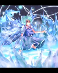 Rule 34 | 1girl, aoi kujira, bad id, bad pixiv id, blue eyes, blue hair, bow, cirno, embodiment of scarlet devil, hair bow, ice, letterboxed, magic circle, matching hair/eyes, ribbon, short hair, solo, touhou, wings