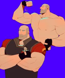 Rule 34 | 2boys, bara, beard stubble, biceps, binuba, buzz cut, clenched hand, closed eyes, cropped torso, crossed arms, facial hair, facing to the side, flexing, heavy (tf2), highres, huge pectorals, male focus, mature male, medic (tf2), mini person, miniboy, multiple boys, multiple views, muscular, muscular male, mustache stubble, nipples, nude, profile, red heavy (tf2), red medic (tf2), short hair, sparkle, strongman waist, stubble, team fortress 2, thick eyebrows, u u, very short hair