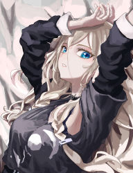 Rule 34 | 1girl, absurdres, black choker, black jacket, blonde hair, blue eyes, breasts, choker, die suki, hair between eyes, hand on own head, highres, ia (vocaloid), jacket, long hair, looking at viewer, looking to the side, lying, medium breasts, on back, open hand, parted lips, solo, vocaloid