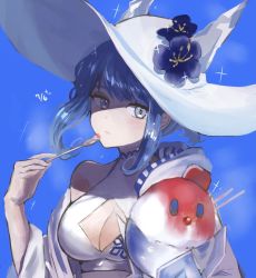 Rule 34 | 1girl, bikini, blue background, blue eyes, blue hair, breasts, cleavage, cleavage cutout, clothing cutout, fire emblem, fire emblem heroes, food, hat, highres, ice cream, leon0630claude, looking at viewer, nifl (fire emblem), nintendo, official alternate costume, solo, spoon, sun hat, swimsuit, upper body, white bikini, white hat