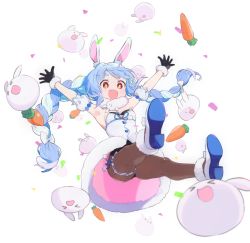 Rule 34 | 1girl, animal, animal ear fluff, animal ears, armpits, arms up, bare shoulders, black gloves, black leotard, blue hair, bow, braid, breasts, brown eyes, brown pantyhose, carrot, carrot hair ornament, colored shoe soles, confetti, detached sleeves, don-chan (usada pekora), dress, falling, food-themed hair ornament, full body, fur-trimmed dress, fur-trimmed gloves, fur trim, gloves, hair bow, hair ornament, highres, hololive, leotard, long hair, machico maki, multicolored hair, pantyhose, puffy short sleeves, puffy sleeves, rabbit, rabbit-shaped pupils, rabbit ears, shoe soles, shoes, short eyebrows, short sleeves, simple background, small breasts, solo, strapless, strapless dress, strapless leotard, symbol-shaped pupils, thick eyebrows, twin braids, twintails, two-tone hair, usada pekora, usada pekora (1st costume), very long hair, virtual youtuber, white background, white bow, white dress, white footwear, white hair, white sleeves