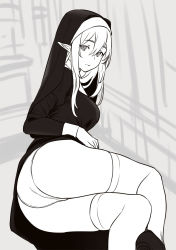 Rule 34 | 1girl, ass, breasts, cameltoe, closed mouth, elf, expressionless, greyscale, houtengeki, indoors, legs together, long hair, looking at viewer, lying, monochrome, nun, on side, original, panties, pointy ears, puffy sleeves, sitting, sketch, skindentation, slit pupils, solo, thighhighs, underwear