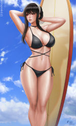 Rule 34 | 1girl, 2022, arms up, artist name, bikini, black bikini, black choker, black hair, blue sky, breasts, choker, cleavage, cloud, day, earrings, facing viewer, female focus, gold earrings, hairband, halterneck, highres, jewelry, kyopink, large breasts, lips, long hair, looking to the side, multi-strapped bikini, navel, outdoors, parted lips, red eyes, short hair with long locks, side-tie bikini bottom, sidelocks, signature, sky, solo, spy x family, standing, stomach, string bikini, surfboard, swimsuit, thighs, wet, white hairband, yor briar