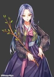 Rule 34 | 1girl, copyright name, green eyes, japanese clothes, looking at viewer, official art, open mouth, purple hair, sid story, sila (carpen), solo, wood