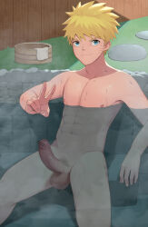 Rule 34 | 1boy, abcdaniel, abs, absurdres, bar censor, bathing, blonde hair, blue eyes, bucket, censored, collarbone, commentary, completely nude, curved penis, erection, facial mark, fence, fingernails, hand up, highres, large penis, leaning back, light smile, looking at viewer, male focus, male pubic hair, naruto, naruto (series), navel, nipples, nude, onsen, outdoors, partially submerged, pectorals, penis, pointless censoring, pubic hair, rock, sanpaku, sitting, solo, spread legs, steam, testicles, towel, uzumaki naruto, v, veins, veiny penis, water, wet, whisker markings, wooden bucket, wooden fence