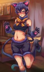 Rule 34 | absurdres, animal ears, animal hands, blue hair, blush, boots, breasts, cat ears, facial mark, gloves, high heel boots, high heels, highres, paw gloves, persona, persona 4, shirogane naoto, short hair, tail, toasty scones, whisker markings