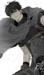 Rule 34 | 1boy, black eyes, black hair, boots, cape, choi han, donggoureng2, from below, gloves, grey cape, highres, korean commentary, looking at viewer, lout of count&#039;s family, male focus, scar, scar on arm, short hair, solo, toned, toned male, white background