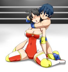 Rule 34 | 1boy, 1girl, ahoge, arena, asphyxiation, black eyes, black hair, blue eyes, blue hair, blue thunder mask, blush, breasts, busujima maihiyoko, choke hold, cleavage, closed mouth, covered navel, full body, highres, kneeling, large breasts, leotard, looking at another, open mouth, ryona, sakasa gurasan, sitting, spread legs, strangling, sweat, tears, thighhighs, wrestling, zettai ryouiki
