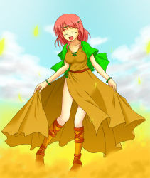 Rule 34 | 1990s (style), 1girl, dress, closed eyes, female focus, final fantasy, final fantasy v, lenna charlotte tycoon, nature, open mouth, outdoors, pink hair, short hair, sky, solo, uchouten