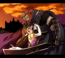Rule 34 | 1boy, 1girl, armor, aro, blue eyes, brown hair, cape, ganondorf, height difference, letterboxed, long hair, nintendo, pointy ears, princess zelda, red hair, sword, the legend of zelda, the legend of zelda: twilight princess, weapon