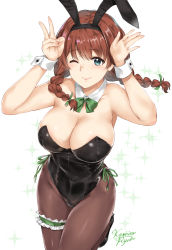 1girl, ;), animal ears, aqua eyes, arms up, artist name, bare shoulders, black footwear, black hairband, black leotard, blush, bow, bowtie, braid, breasts, brown hair, brown legwear, bunny ears, bunny pose, cleavage, closed mouth, collarbone, commentary request, cowboy shot, detached collar, emma verde, erect nipples, eyebrows visible through hair, fake animal ears, fishnet legwear, fishnets, freckles, green bow, green neckwear, groin, hairband, highres, kamishiro ryuu, large breasts, leg garter, leg up, leotard, long hair, looking at viewer, love live!, love live! nijigasaki high school idol club, low twintails, one eye closed, pantyhose, playboy bunny, shiny, shiny hair, shoes, side-tie leotard, smile, solo, sparkle background, standing, standing on one leg, strapless, strapless leotard, twin braids, twintails, v, white background, wrist cuffs