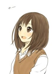 Rule 34 | 1girl, bad id, bad pixiv id, blush, brown eyes, brown hair, clarinet (natsumi3230), kurata rine, open mouth, simple background, solo, white background
