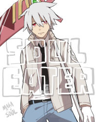 Rule 34 | 1boy, alternate costume, belt, black necktie, character name, collared shirt, cosplay, costume switch, denim, facing viewer, hand in pocket, holding, holding scythe, holding weapon, jacket, jeans, necktie, open clothes, open jacket, over shoulder, pants, red eyes, sanma (sss sss ssu), scythe, shirt, skull print, solo, soul eater, soul evans, weapon, weapon over shoulder, white hair, white jacket, white shirt