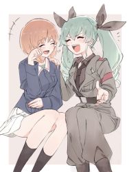 Rule 34 | +++, 2girls, :d, anchovy (girls und panzer), anzio military uniform, belt, black belt, black footwear, black legwear, black neckwear, black ribbon, black shirt, blouse, blue jacket, boots, brown hair, commentary, dress shirt, drill hair, girls und panzer, green hair, green shirt, grey background, grey jacket, grey pants, hair ribbon, hand on another&#039;s shoulder, happy, invisible chair, jacket, laughing, long hair, long sleeves, military, military uniform, miniskirt, multiple girls, necktie, nishizumi miho, notice lines, ooarai military uniform, open mouth, outside border, pants, pants tucked in, pleated skirt, ponpokozaemon, ribbon, sam browne belt, shirt, short hair, sitting, skirt, smile, socks, tearing up, tears, twin drills, twintails, uniform, white skirt, wing collar, wiping tears