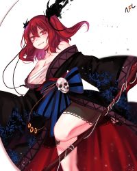 Rule 34 | 1girl, alternate costume, breasts, grin, highres, japanese clothes, kimono, large breasts, long sleeves, obi, off shoulder, onozuka komachi, red eyes, red hair, ribbon, sarashi, sash, skull, smile, smirk, solo, tis (shan0x0shan), touhou, twintails, two side up, white background, wide sleeves