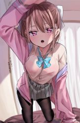 Rule 34 | 1girl, arm up, blush, bow, bowtie, bra, bra visible through clothes, breasts, brown hair, chigusa minori, commentary request, dress shirt, hair bow, jacket, kneeling, large breasts, looking at viewer, miniskirt, momose akari, off shoulder, on bed, open clothes, open jacket, open mouth, original, pantyhose, petting, pink bra, pink eyes, pink jacket, pov, school uniform, shirt, short hair, skirt, solo, sweatdrop, translation request, underwear, yellow shirt
