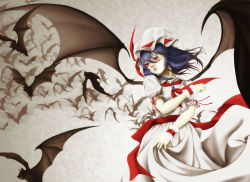 Rule 34 | 1girl, ascot, bat (animal), bat wings, blue hair, brooch, enmatime, facing away, grey background, hat, hat ribbon, jewelry, lips, mob cap, nose, pale skin, parted lips, puffy short sleeves, puffy sleeves, red eyes, remilia scarlet, ribbon, sash, short hair, short sleeves, simple background, skirt, skirt set, solo, touhou, wings, wrist cuffs