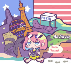 Rule 34 | 1girl, american flag, bare arms, bare legs, bare shoulders, blue eyes, blue hair, blush stickers, brown footwear, camera, camera around neck, check copyright, city, closed mouth, colored inner hair, commentary request, copyright request, cup, deformed, disposable cup, dress, drink, drinking straw, eiffel tower, english text, eyewear on head, footprints, full body, holding, holding camera, holding drink, hollywood sign, looking ahead, multicolored hair, original, palm tree, pink hair, pleated skirt, sandals, seal (animal), short dress, short hair, skirt, sleeveless, sleeveless dress, smile, solo, speech bubble, sunglasses, terada tera, toes, tree, triangular eyewear, united states, v-shaped eyebrows, walking, yellow dress