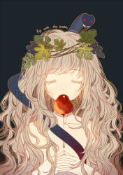 Rule 34 | 1girl, animal, black background, blood, closed eyes, dhiea, english text, fig, food, fruit, head wreath, long hair, mouth hold, original, outline, red eyes, simple background, snake, tongue, tongue out, very long hair, wavy hair