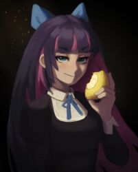 Rule 34 | 1girl, absurdres, black dress, black hair, blue hair, blue ribbon, bow, breasts, dress, food, fruit, green eyes, hair bow, hexlaze, highres, holding, holding food, holding fruit, large breasts, lemon, long hair, looking at viewer, neck ribbon, panty &amp; stocking with garterbelt, pink hair, ribbon, smile, solo, stocking (psg), upper body