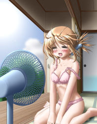 Rule 34 | 00s, 1girl, :d, = =, barefoot, between thighs, blush, bow, bow bra, bra, breasts, cleavage, closed eyes, electric fan, folded ponytail, frilled bra, frilled panties, frills, hair ornament, hairclip, hot, komaki manaka, lingerie, open mouth, panties, pink bra, pink panties, porch, shouji, sitting, sliding doors, smile, solo, strap slip, sweat, tatami, thighs, to heart (series), to heart 2, underwear, underwear only, v arms, veranda, wariza