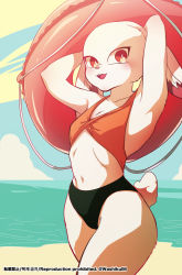 Rule 34 | 10s, 1girl, animal ears, bare legs, beach, bikini, breasts, curvy, dragon ball, dragon ball super, female focus, furry, furry female, looking at viewer, maddy, no humans, rabbit ears, red eyes, small breasts, smile, sorrel, swimsuit, universe 9 (dragon ball)