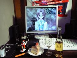 Rule 34 | 2d dating, alcohol, cake, computer, cross channel, food, keyboard (computer), lonely, meal, miyasumi misato, pastry, photo (medium), wine