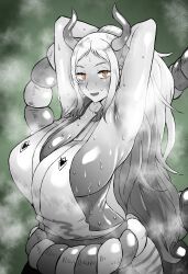 Rule 34 | 1girl, absurdres, armpits, arms behind head, arms up, breasts, female focus, fukamichi ran&#039;ou, green background, greyscale with colored background, half-closed eyes, highres, horns, huge breasts, large breasts, long hair, looking at viewer, mature female, midriff, multicolored hair, no bra, nose, one piece, open mouth, orange eyes, sanpaku, sideboob, smile, solo, spot color, standing, steaming body, sweat, traditional clothes, two-tone hair, upper body, yamato (one piece), yellow eyes