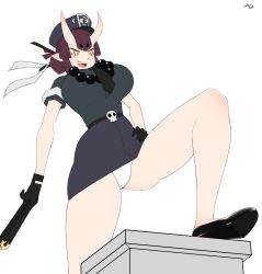 Rule 34 | 1girl, belt, black footwear, blush, breasts, chinese text, cow coconut, demon girl, demon horns, hair ribbon, hat, highres, horns, jewelry, large breasts, looking down, necklace, necktie, nyanko daisensou, panties, pantyshot, pointy ears, red hair, ribbon, shoes, skull, smug, stepping, table, underwear, yellow eyes