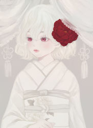 Rule 34 | 1girl, absurdres, albino, bob cut, bride, colored eyelashes, commentary request, curtains, eyelashes, facing viewer, floral print, flower, hair between eyes, hair flower, hair ornament, highres, japanese clothes, kimono, lace trim, limited palette, long sleeves, looking to the side, obi, obiage, obijime, original, pale skin, parted lips, print sash, red eyes, red flower, sash, shiromuku, short hair, solo, spot color, standing, tassel, uchikake, upper body, ushiyama ame, wavy hair, white curtains, white flower, white hair, white kimono, white sash, white theme