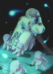 1girl aqua_theme artist_name blonde_hair blue_eyes boots brown_footwear covered_mouth cowboy_boots demento fiona_belli full_body glowing glowing_eyes hand_on_own_head looking_at_viewer medium_hair on_floor ponytail ruedefaux shirt sitting solo watermark white_shirt