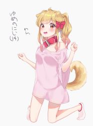 Rule 34 | 1girl, :d, ahoge, aikatsu! (series), aikatsu stars!, animal ears, ankle socks, bare shoulders, blush, bow, brown eyes, brown hair, character name, collar, dog ears, dog girl, dog tail, full body, grey background, hair bow, hands up, highres, k mugura, kemonomimi mode, kneeling, legs apart, long hair, looking at viewer, nijino yume, no pants, no shoes, off shoulder, open mouth, oversized clothes, oversized shirt, parted bangs, pink shirt, red bow, red collar, see-through, shirt, short sleeves, simple background, smile, socks, solo, tail, translation request, wavy hair, white socks, wide sleeves