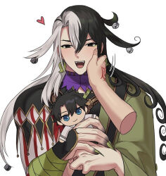 Rule 34 | 2boys, ashiya douman (fate), bell, black hair, blue eyes, character doll, command spell, disembodied hand, doll, fangs, fate/grand order, fate (series), fujimaru ritsuka (male), green nails, hair bell, hair between eyes, hair ornament, hand on another&#039;s face, hand tattoo, heart, holding, holding doll, jingle bell, long hair, male focus, multicolored hair, multiple boys, muscular, muscular male, open mouth, pov, pov hands, seum (kao husband), split-color hair, tattoo, teeth, upper body, upper teeth only, white background, white hair