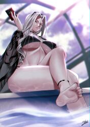 Rule 34 | 1girl, barefoot, bikini, carmilla (fate), carmilla (swimsuit rider) (fate), carmilla (swimsuit rider) (third ascension) (fate), crossed legs, fate/grand order, fate (series), feet, highres, long hair, looking at viewer, parted lips, soles, sunglasses on head, swimsuit, toes, water, white hair, yellow eyes, zinfian