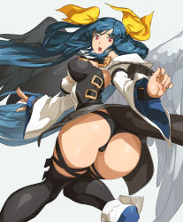 Rule 34 | 1girl, arc system works, ass, ass focus, asymmetrical wings, bare shoulders, blue hair, blush, boots, breasts, dizzy (guilty gear), from behind, guilty gear, guilty gear xrd, hair ribbon, highres, huge ass, large breasts, long hair, looking at viewer, open mouth, ozkh, panties, red eyes, ribbon, shiny skin, sideboob, solo, tail, twintails, underwear, very long hair, wings