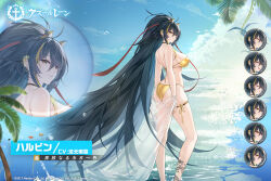 Rule 34 | 1girl, absurdly long hair, air bubble, artist request, ass, azur lane, bikini, black hair, blonde hair, blue sky, breasts, bubble, covered erect nipples, dragon tattoo, ear piercing, expressions, feet out of frame, from behind, gold bikini, hair ribbon, harbin (azur lane), harbin (union between sea and sky) (azur lane), highres, large breasts, long hair, mole, mole under eye, official alternate costume, official art, palm leaf, piercing, promotional art, red ribbon, ribbon, see-through, skindentation, sky, solo, standing, string bikini, swimsuit, tattoo, thigh strap, very long hair, water