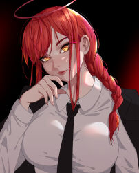 Rule 34 | 1girl, black coat, black necktie, braid, braided ponytail, chainsaw man, coat, coat on shoulders, collared shirt, gradient background, halo, head removed, light smile, long hair, looking at viewer, makima (chainsaw man), necktie, prodviks, red hair, red halo, ringed eyes, shirt, sidelocks, solo, white shirt, yellow eyes