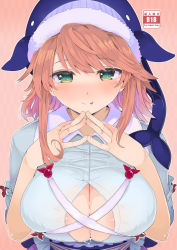 Rule 34 | 1girl, animal hat, blue shirt, blush, breasts, brown hair, cleavage, closed mouth, collared shirt, cum, cum on body, cum on breasts, cum on upper body, fingers together, gradient hair, green eyes, hands up, hat, highres, large breasts, light smile, long hair, looking at viewer, multicolored hair, okunoda miyoi, pink hair, puuakachan, sash, shirt, sidelocks, solo, tongue, tongue out, touhou, upper body, whale hat