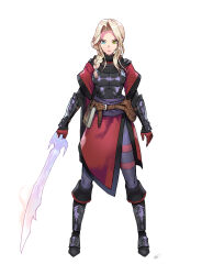 Rule 34 | 1girl, absurdres, armor, blonde hair, blue eyes, boots, braid, breastplate, elf, full body, green eyes, heterochromia, highres, holding, holding sword, holding weapon, matsuda (matsukichi), original, pointy ears, single braid, solo, standing, straight-on, sword, vambraces, weapon, white background