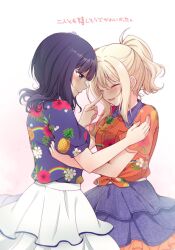 2girls ^_^ asaka_karin blonde_hair blue_eyes blue_flower blue_hair blue_shirt blue_skirt blunt_bangs blush breast_pocket breasts closed_eyes closed_mouth collared_shirt commentary_request cowboy_shot dark_blue_hair diverdiva dress_shirt finger_to_another&#039;s_nose floral_print flower frilled_skirt frills hair_flower hair_ornament hibiscus_print highres kuroda_roku_(345) looking_at_another love_live! love_live!_school_idol_festival_all_stars medium_breasts medium_hair miyashita_ai multiple_girls open_mouth orange_flower orange_shirt parted_lips pineapple_print pocket ponytail puffy_short_sleeves puffy_sleeves rainbow_print shirt short_sleeves sidelocks simple_background skirt smile tied_shirt translation_request white_background white_skirt yuri