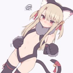 Rule 34 | 1girl, animal ears, bare shoulders, bell, blush, cat ears, cat tail, cowboy shot, fake animal ears, fate/kaleid liner prisma illya, fate (series), flat chest, gamuo, grey background, hair bell, hair between eyes, hair ornament, hairband, illyasviel von einzbern, illyasviel von einzbern (beast style), long hair, navel, official alternate costume, simple background, solo, stomach, tail, thighhighs