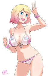 Rule 34 | 1girl, :d, adapted costume, animification, bare shoulders, bikini, blonde hair, blue eyes, blush, bowieknife, breasts, front-tie top, gradient hair, gwenpool, halterneck, large breasts, looking at viewer, marvel, multicolored hair, open mouth, pink hair, short hair, simple background, smile, solo, string bikini, swimsuit, two-tone hair, v, wristband