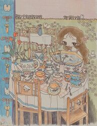 Rule 34 | 1girl, brown hair, carrot, chair, colored pencil (medium), cup, flower, fuminooco, grass, hair ribbon, highres, holding, long hair, looking at viewer, original, rabbit, red flower, reflection, ribbon, sleeveless, solo, table, tablecloth, tea, teacup, teapot, traditional media, vase, water, watering can, white flower