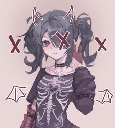 Rule 34 | 1girl, ame-chan (needy girl overdose), arm warmers, black choker, black hair, black shirt, choker, closed mouth, drawn horns, drawn wings, grey background, grey eyes, hair ornament, hair over one eye, hand up, highres, holding, holding phone, long hair, looking at viewer, needy girl overdose, o-ring, o-ring choker, official alternate costume, phone, qaz (qa31281914), selfie, shirt, short sleeves, simple background, skeleton print, solo, t-shirt, taking picture, twintails, upper body, x hair ornament