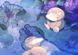 Rule 34 | animal focus, bird, black eyes, butterfree, commentary request, creatures (company), duck, eko (wk egg), game freak, gen 1 pokemon, grass, lily pad, looking up, nintendo, no humans, outdoors, pokemon, pokemon (creature), psyduck, reflection, sitting, water